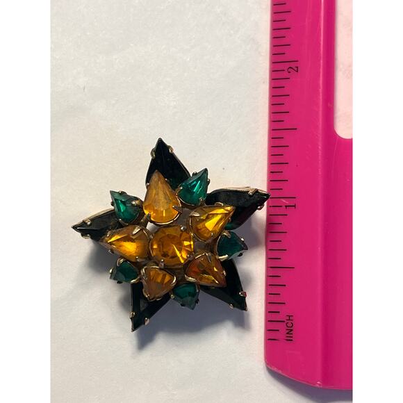 Vtg Starburst Rhinestone Brooch Amber Green Glass Stones, Mid Century Statement - Picture 5 of 5
